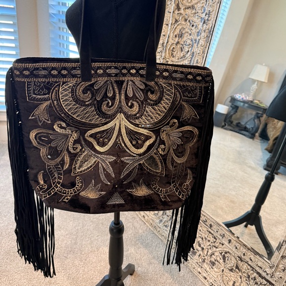 Handbags - Elegant Black and Gold Embroidered Tote Bag
